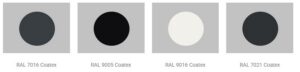 Couleurs de seuils aluminium en stock chez Alufab : RAL 9016, 9005, 7016 et 7021 Coatex